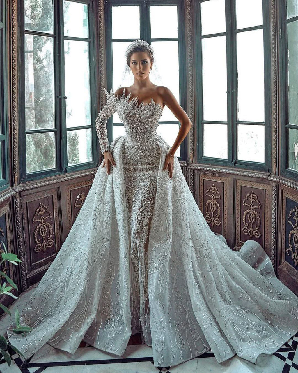 BMbride Luxurious Long White One Shoulder A-line Beading Pearls Long Sleeve Weeding Dress With Train BMbride