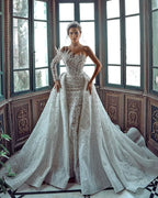 BMbride Luxurious Long White One Shoulder A-line Beading Pearls Long Sleeve Weeding Dress With Train BMbride