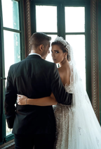 BMbride Luxurious Long White One Shoulder A-line Beading Pearls Long Sleeve Weeding Dress With Train BMbride