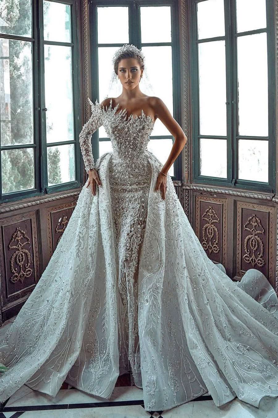 BMbride Luxurious Long White One Shoulder A-line Beading Pearls Long Sleeve Weeding Dress With Train BMbride