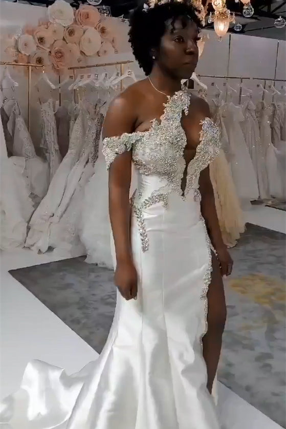 BMbride Luxurious Long White One Shoulder Sleeveless Jewel Wedding Dress With Detachable Train BMbride