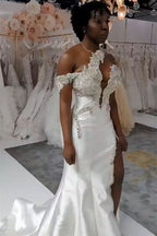 BMbride Luxurious Long White One Shoulder Sleeveless Jewel Wedding Dress With Detachable Train BMbride