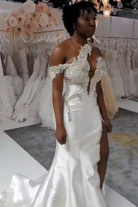 BMbride Luxurious Long White One Shoulder Sleeveless Jewel Wedding Dress With Detachable Train BMbride