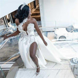 BMbride Luxurious Long White One Shoulder Sleeveless Jewel Wedding Dress With Detachable Train BMbride