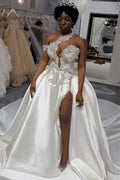 BMbride Luxurious Long White One Shoulder Sleeveless Jewel Wedding Dress With Detachable Train BMbride