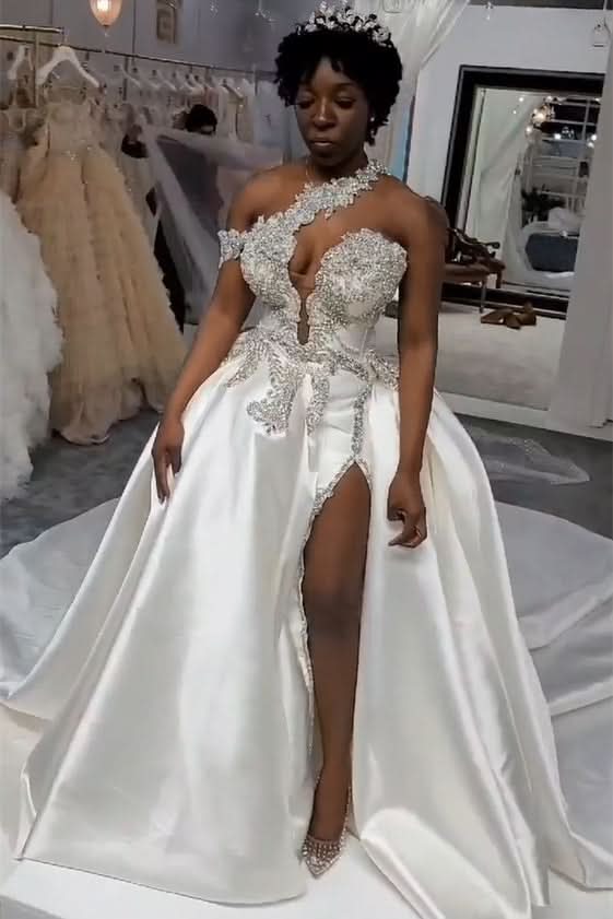 BMbride Luxurious Long White One Shoulder Sleeveless Jewel Wedding Dress With Detachable Train BMbride