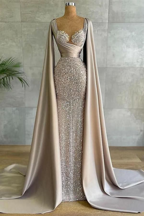 Luxurious Mermaid Long with Cape Sleeve Elegant Evening Dress BM bride