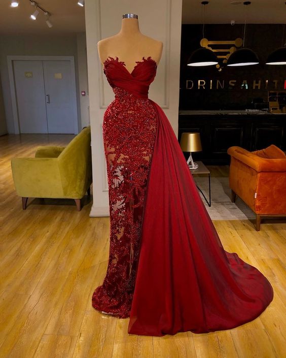 BMbride luxury Burgundy Detachable Train Mermaid Prom Dress with Lace BMbride