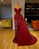 BMbride luxury Burgundy Detachable Train Mermaid Prom Dress with Lace BMbride
