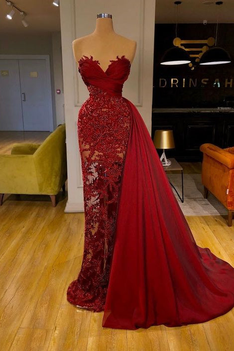 BMbride luxury Burgundy Detachable Train Mermaid Prom Dress with Lace BMbride