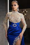 BMbride Luxury Halter Royal Blue Satin Mermaid Evening Maxi Dress Long Sleeves Crystals Gold Appliques Party Dress BMbride