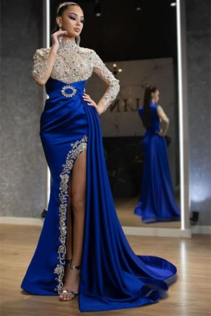 BMbride Luxury Halter Royal Blue Satin Mermaid Evening Maxi Dress Long Sleeves Crystals Gold Appliques Party Dress BMbride