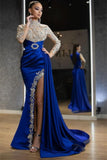 BMbride Luxury Halter Royal Blue Satin Mermaid Evening Maxi Dress Long Sleeves Crystals Gold Appliques Party Dress BMbride