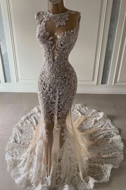BMbride Luxury Long Sexy Mermaid Sleeveless Prom Dresses With Lace BMbride