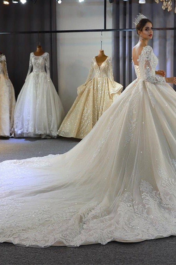 BMbride Luxury Long Sleeves Deep V-Neck Princess Ball Gown Garden Bridal Dress BMbride