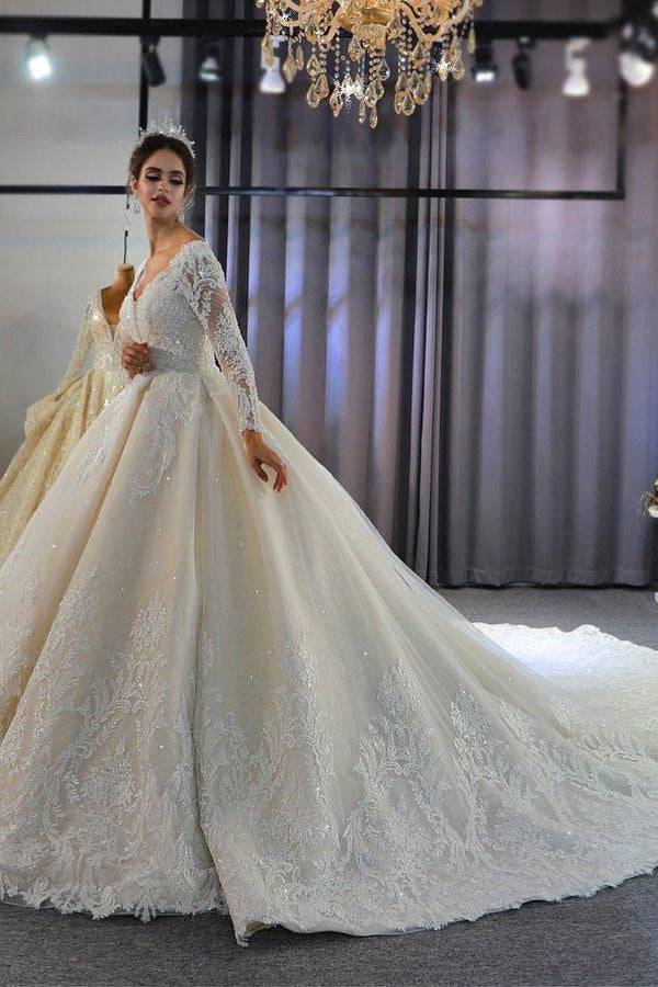 BMbride Luxury Long Sleeves Deep V-Neck Princess Ball Gown Garden Bridal Dress BMbride