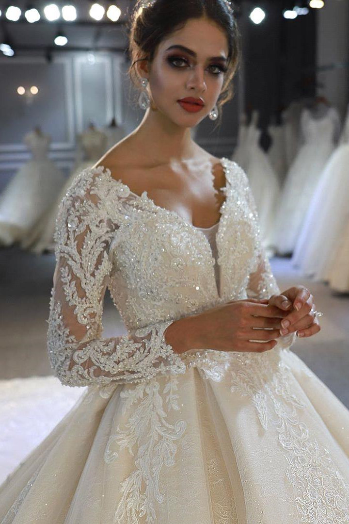 BMbride Luxury Long Sleeves Deep V-Neck Princess Ball Gown Garden Bridal Dress BMbride