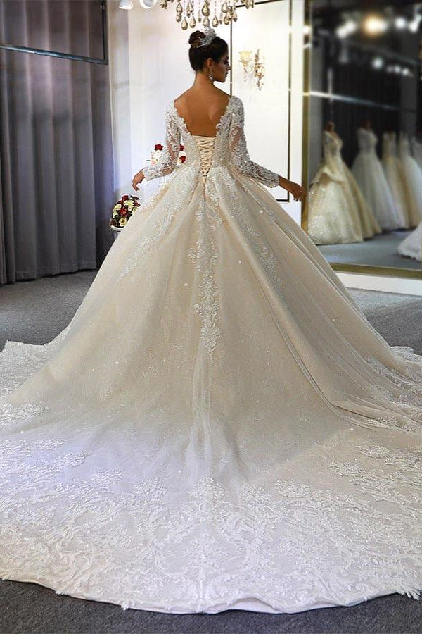 BMbride Luxury Long Sleeves Deep V-Neck Princess Ball Gown Garden Bridal Dress BMbride