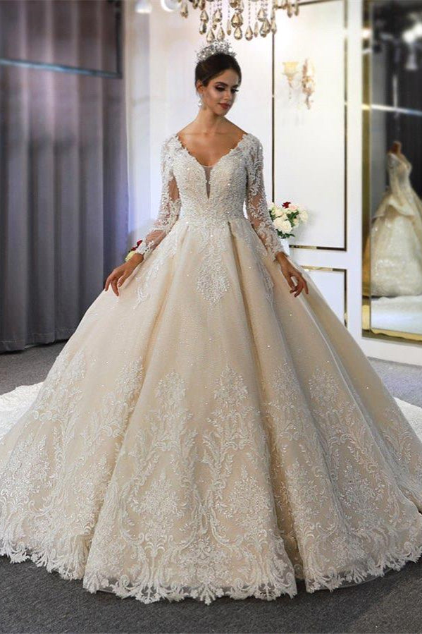 BMbride Luxury Long Sleeves Deep V-Neck Princess Ball Gown Garden Bridal Dress BMbride