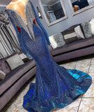 BMbride Luxury Mermaid Long Sleeve Shiny Blue Tassels Junior Prom Dresses with Court Train BMbride