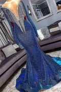 BMbride Luxury Mermaid Long Sleeve Shiny Blue Tassels Junior Prom Dresses with Court Train BMbride