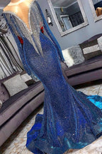 BMbride Luxury Mermaid Long Sleeve Shiny Blue Tassels Junior Prom Dresses with Court Train BMbride
