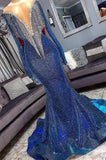 BMbride Luxury Mermaid Long Sleeve Shiny Blue Tassels Junior Prom Dresses with Court Train BMbride