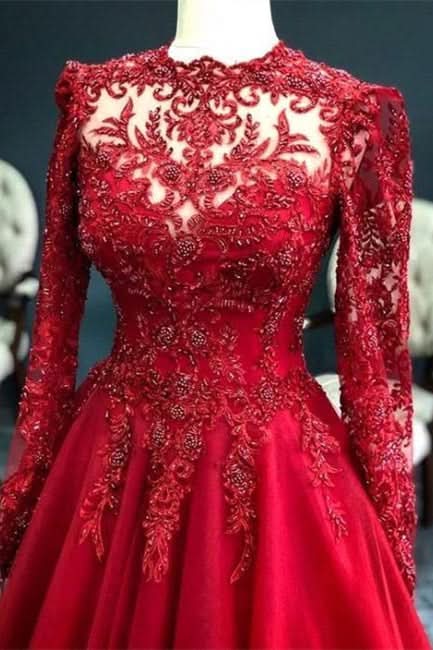 BMbride Luxury Red Evening Dresses With Sleeves Prom Dress with Lace BMbride