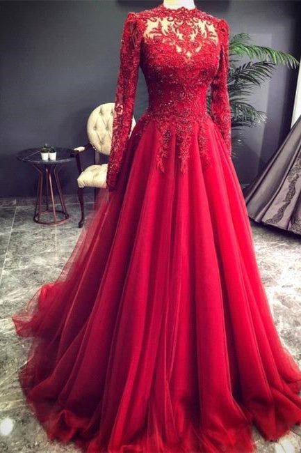 BMbride Luxury Red Evening Dresses With Sleeves Prom Dress with Lace BMbride