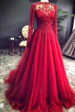 BMbride Luxury Red Evening Dresses With Sleeves Prom Dress with Lace BMbride