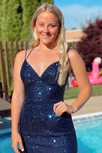 Dazzling Bodycon V Neck Blue Sequins Homecoming Dress BM bride