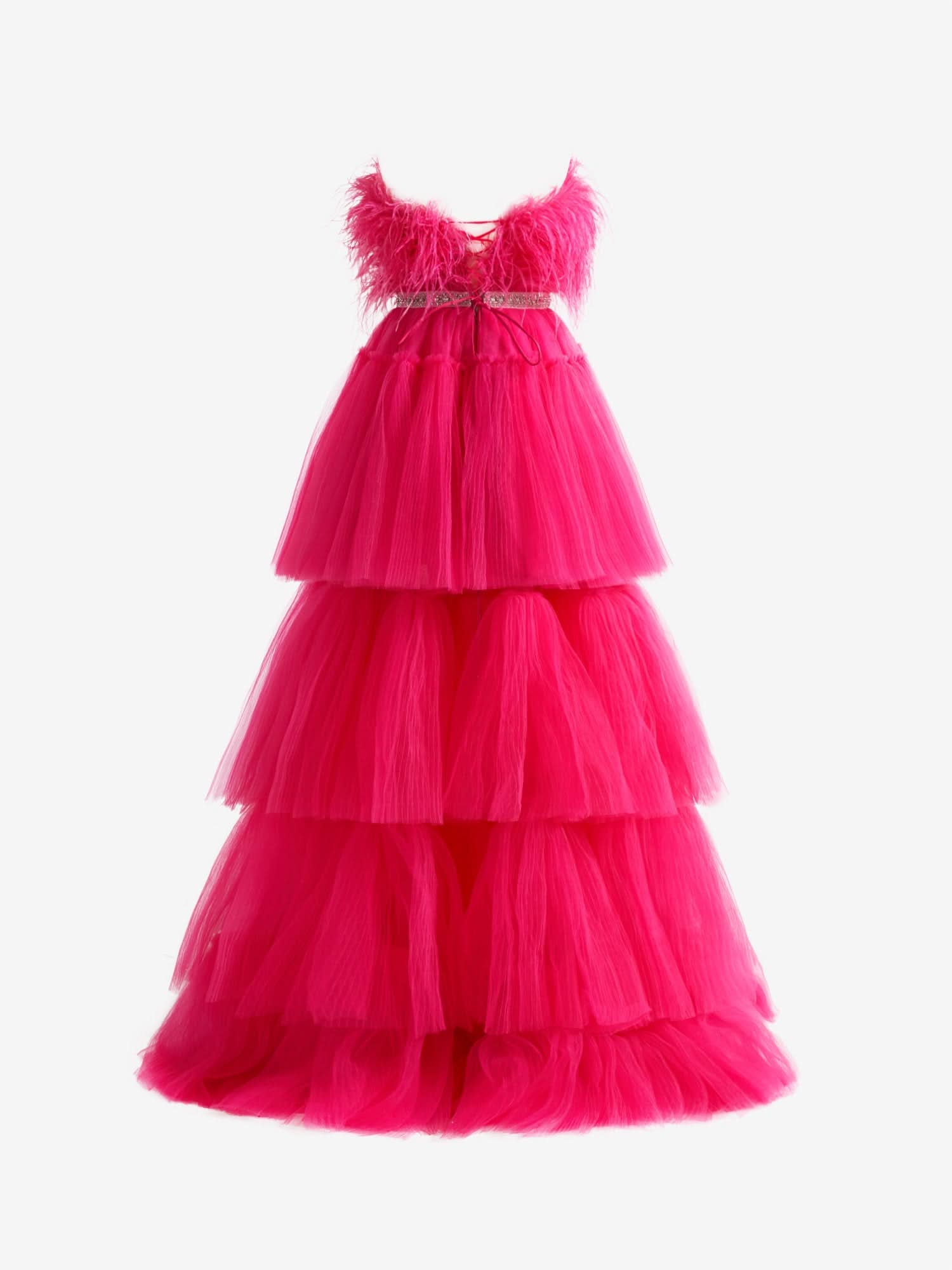 Captivating Fuchsia A-line High-Low Strapless Ruffled Tulle Prom Dress with Feathers BM bride