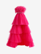 Captivating Fuchsia A-line High-Low Strapless Ruffled Tulle Prom Dress with Feathers BM bride