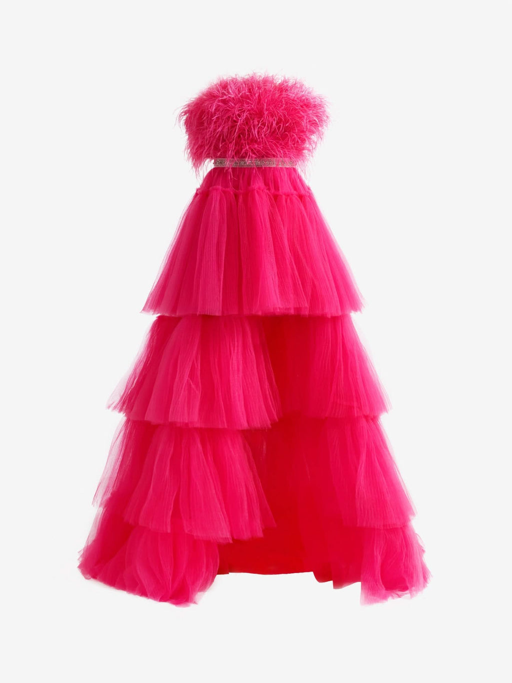 Stylish A-Line High-Low Strapless Ruffled Tulle Prom Dress with Feathers BM bride