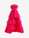 Stylish A-Line High-Low Strapless Ruffled Tulle Prom Dress with Feathers BM bride