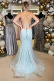 Light Blue Floral Appliques V-Neck Lace-Up Long Gown BM bride