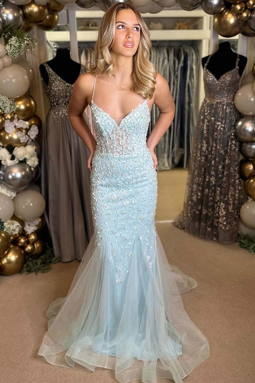 Light Blue Floral Appliques V-Neck Lace-Up Long Gown BM bride