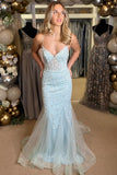 Light Blue Floral Appliques V-Neck Lace-Up Long Gown BM bride