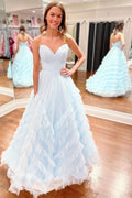 Flowing Light Blue Strapless Ruffle Long Prom Dress BM bride