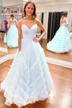 Flowing Light Blue Strapless Ruffle Long Prom Dress BM bride