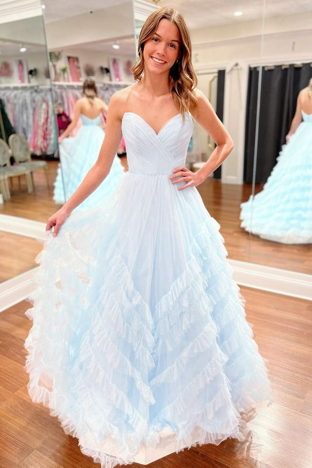 Flowing Light Blue Strapless Ruffle Long Prom Dress BM bride
