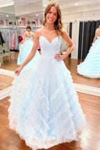 Flowing Light Blue Strapless Ruffle Long Prom Dress BM bride