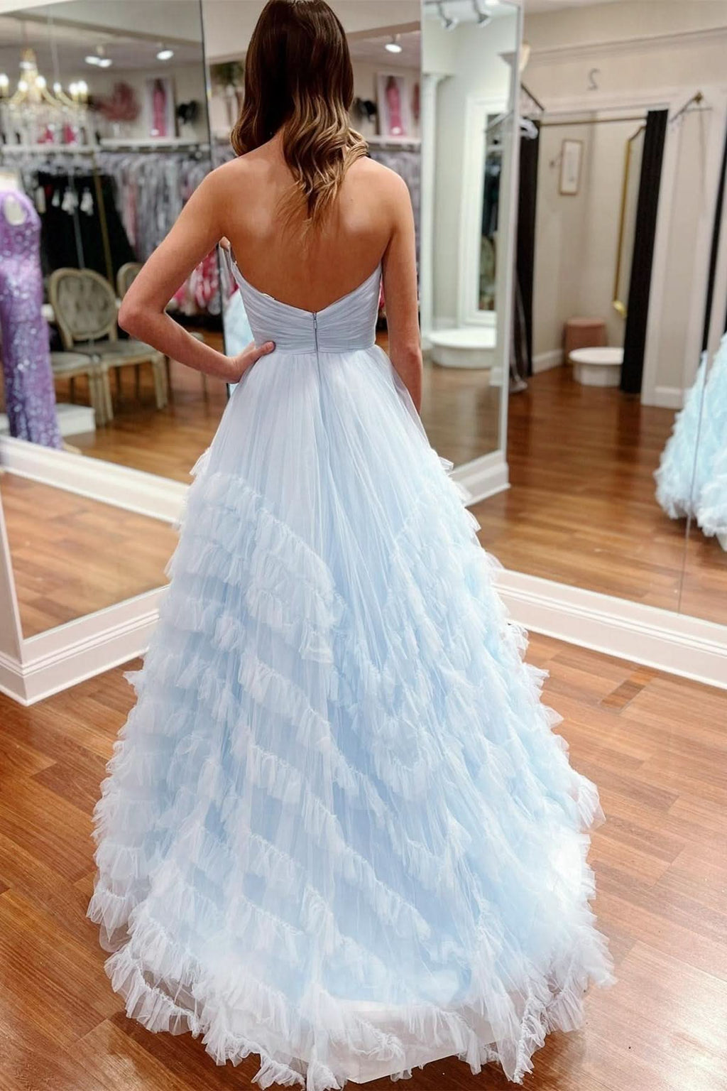 Flowing Light Blue Strapless Ruffle Long Prom Dress BM bride