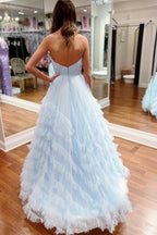 Flowing Light Blue Strapless Ruffle Long Prom Dress BM bride