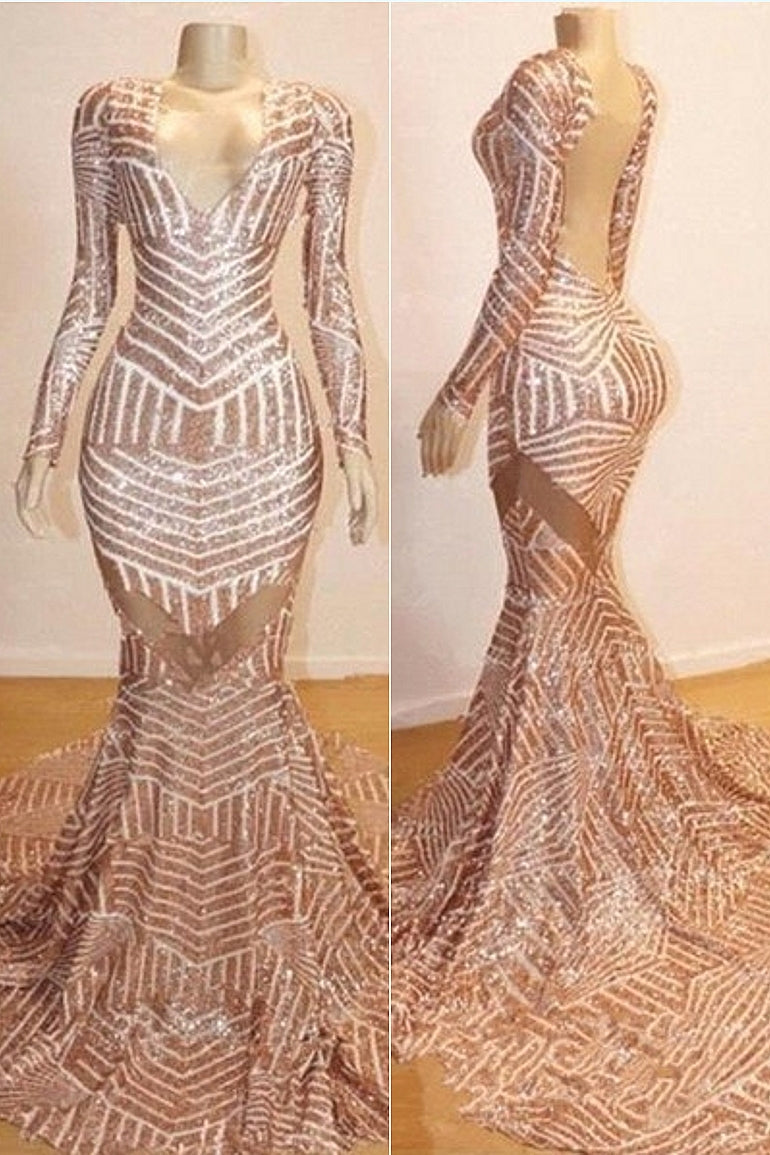 Mermaid Long Sleeves V-neck Sequined Sweep Train Prom Dresses BM bride