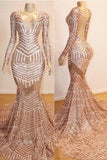 Mermaid Long Sleeves V-neck Sequined Sweep Train Prom Dresses BM bride