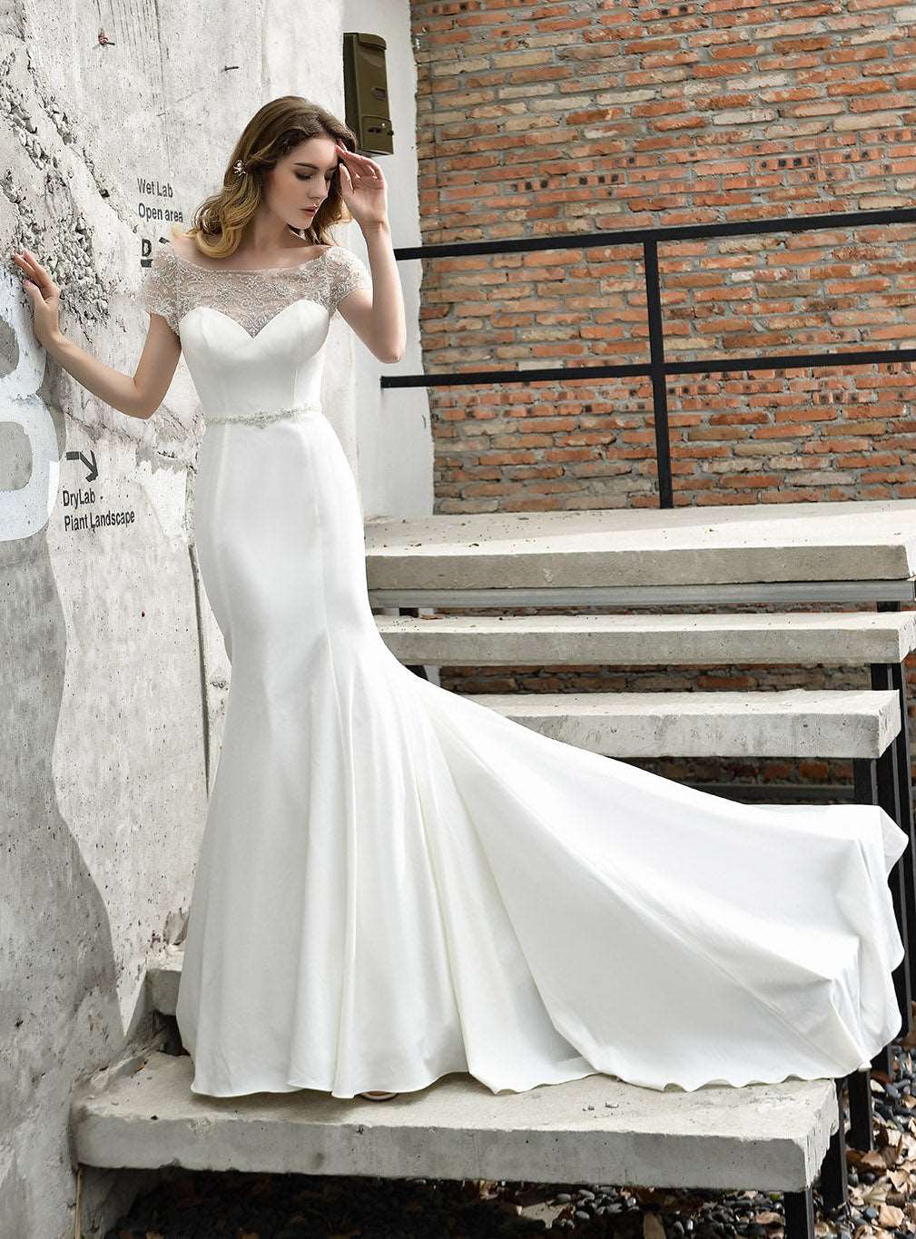 Mermaid Satin Lace Off-the-Shoulder Short Sleeves Chapel Train Wedding Dress BMbride