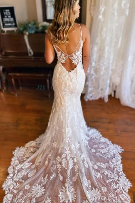 BMbride Mermaid Spaghetti Straps V-neck Backless Lace Wedding Dresses BMbride