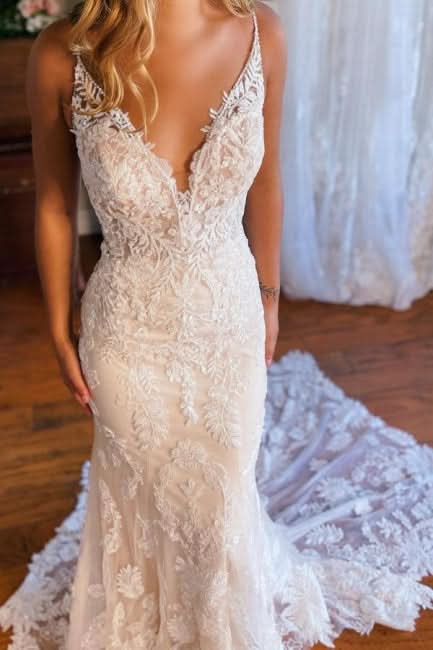 BMbride Mermaid Spaghetti Straps V-neck Backless Lace Wedding Dresses BMbride
