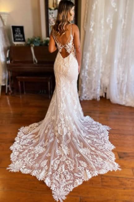 BMbride Mermaid Spaghetti Straps V-neck Backless Lace Wedding Dresses BMbride